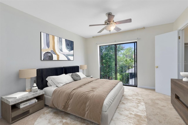 bedroom with access to exterior, light carpet, ceiling fan, and baseboards