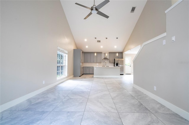 unfurnished living room featuring high vaulted ceiling, visible vents, baseboards, and a ceiling fan