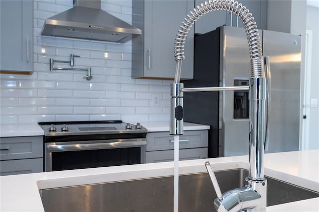 kitchen with wall chimney range hood, decorative backsplash, gray cabinets, and stainless steel appliances