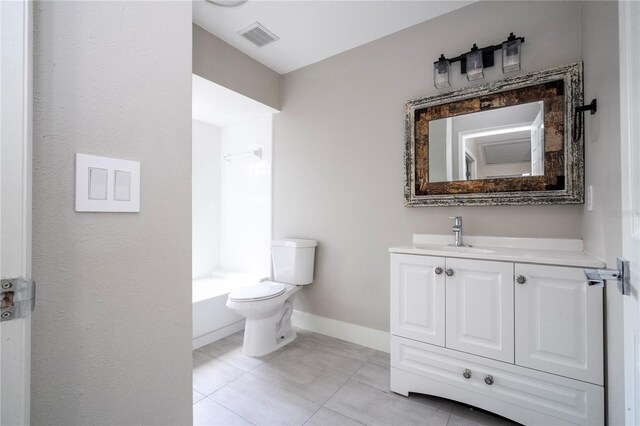 full bathroom with tile patterned floors, toilet,  shower combination, and vanity