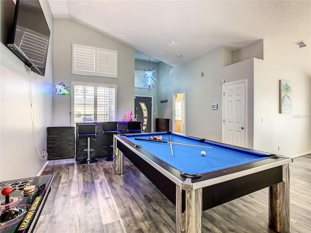 rec room featuring wood finished floors, baseboards, visible vents, high vaulted ceiling, and pool table