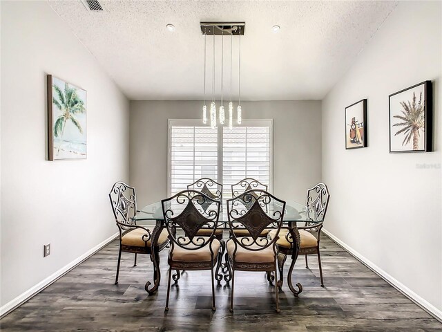 dining room with a textured ceiling and dark wood-type flooring