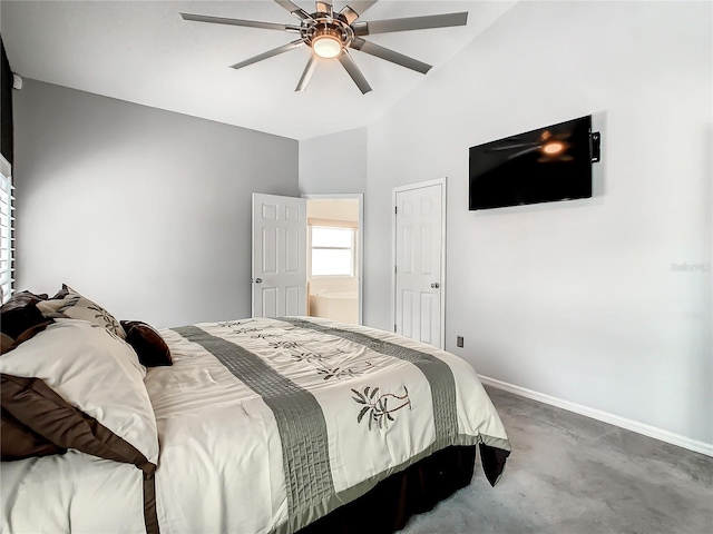 carpeted bedroom with lofted ceiling, baseboards, and ceiling fan