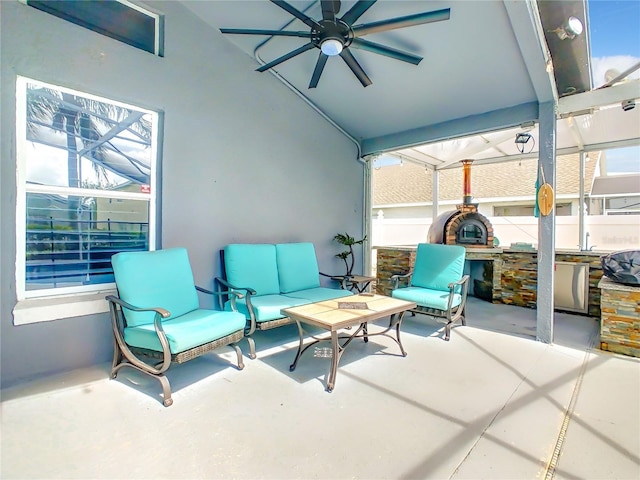 view of patio / terrace featuring an outdoor hangout area, area for grilling, and a ceiling fan