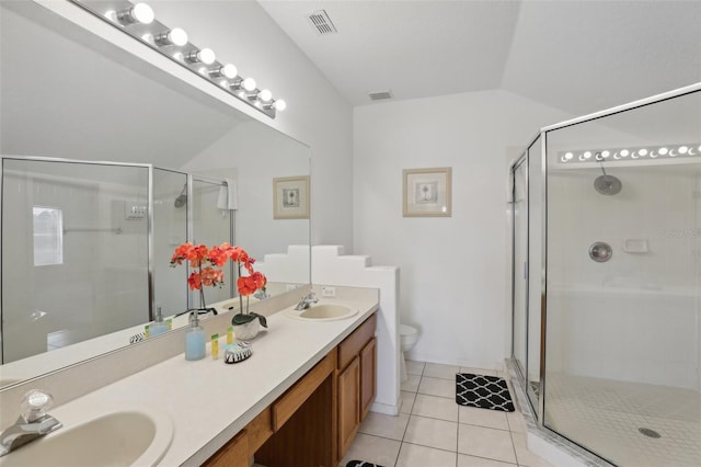 bathroom featuring toilet, an enclosed shower, tile patterned flooring, vanity, and lofted ceiling