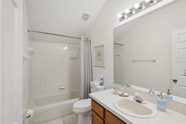 full bathroom with vanity, toilet, tile patterned floors, and shower / bath combo with shower curtain