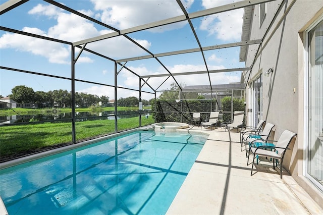 view of swimming pool featuring a water view, a lawn, a patio area, and a lanai