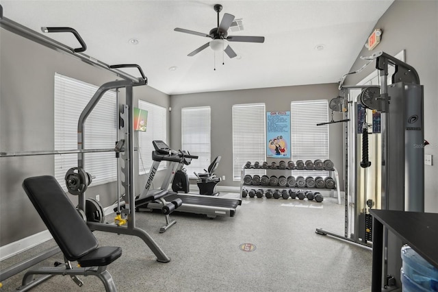 exercise room featuring ceiling fan