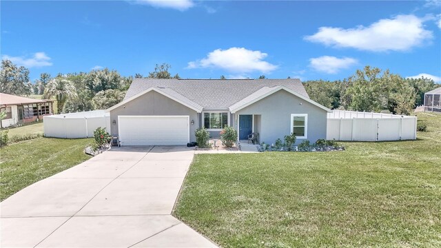 ranch-style home featuring a garage and a front yard