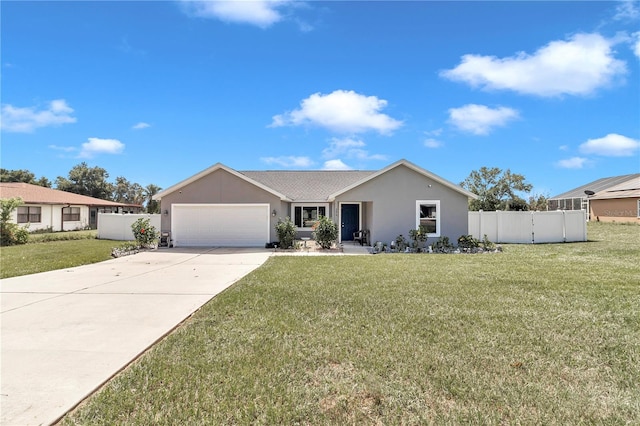 single story home featuring a garage and a front yard