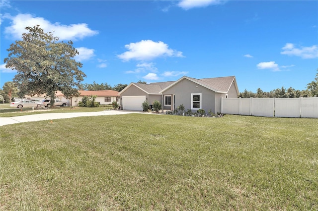 single story home with a garage and a front yard