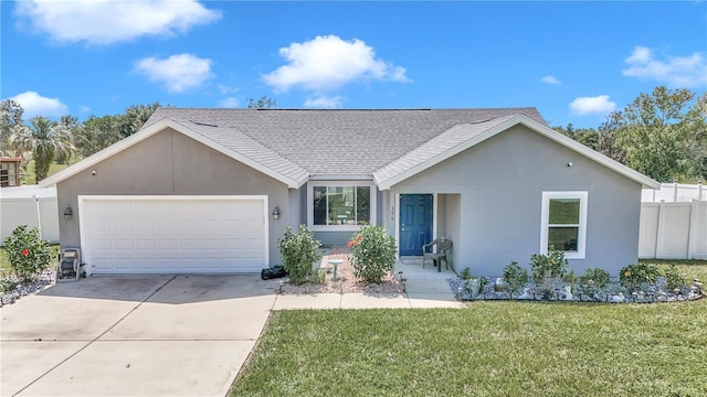 ranch-style house featuring a front yard and a garage