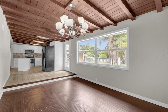 unfurnished dining area with light wood-type flooring, wood ceiling, baseboards, and beam ceiling