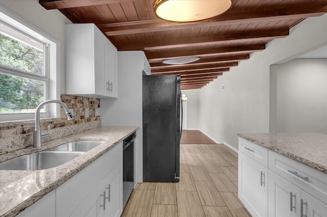 kitchen with wooden ceiling, white cabinetry, a sink, and black appliances