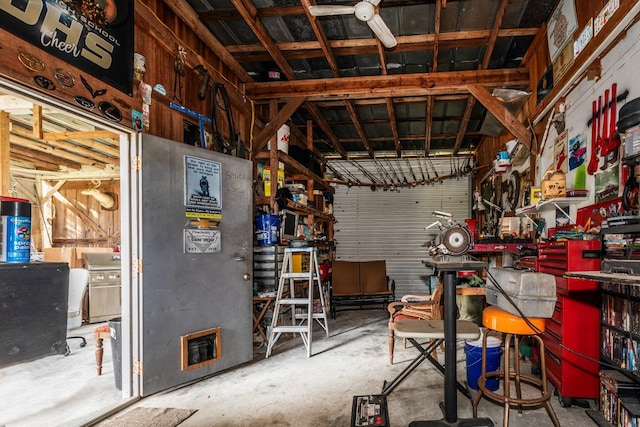 garage with a workshop area