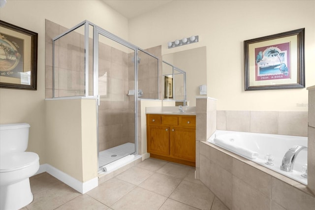 full bathroom with separate shower and tub, tile patterned floors, toilet, and vanity