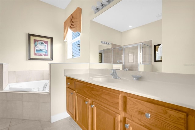 bathroom with separate shower and tub, tile patterned flooring, and vanity