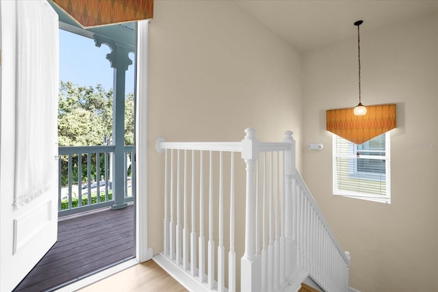 stairs with hardwood / wood-style flooring