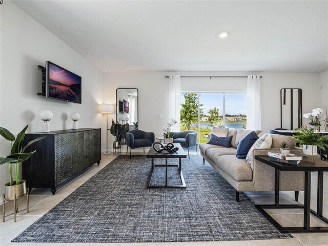 living room with light tile patterned floors