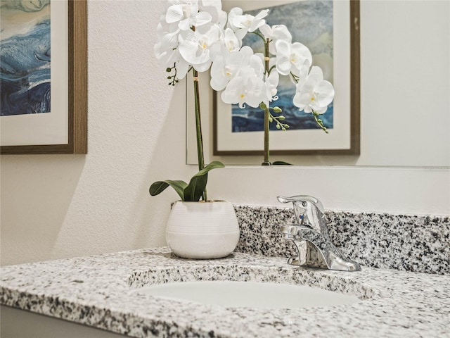 interior details featuring a textured wall and vanity