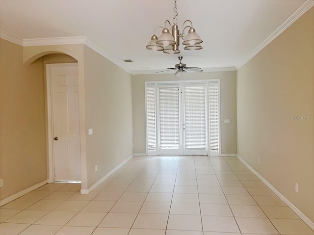 tiled spare room with ceiling fan with notable chandelier and crown molding