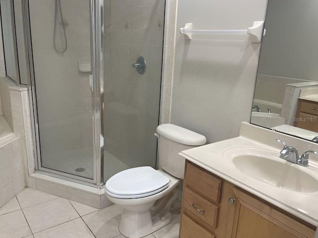 full bathroom with tile patterned flooring, vanity, toilet, and plus walk in shower