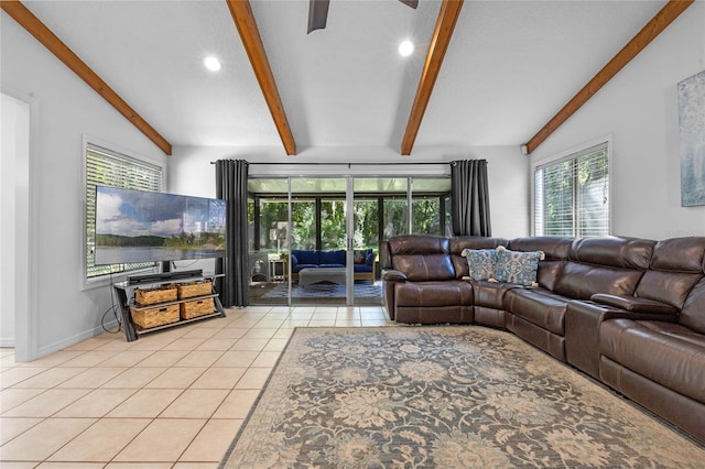 tiled living room with vaulted ceiling with beams