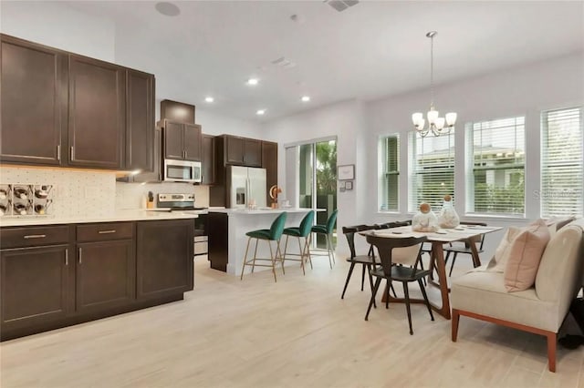 kitchen with pendant lighting, a kitchen island, appliances with stainless steel finishes, a notable chandelier, and light wood-type flooring