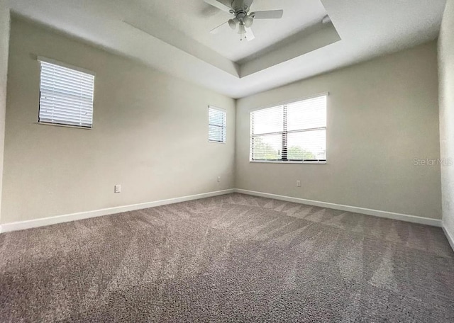 unfurnished room featuring ceiling fan, a raised ceiling, and carpet floors