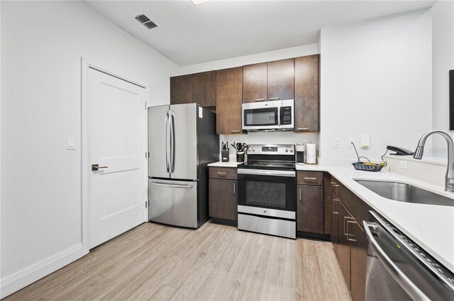 kitchen with sink, appliances with stainless steel finishes, dark brown cabinets, and light hardwood / wood-style floors