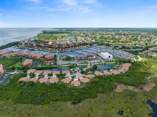 drone / aerial view with a water view