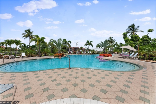 view of swimming pool featuring a patio area