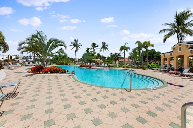 view of swimming pool featuring a patio area