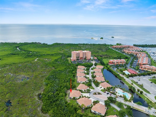 bird's eye view with a water view