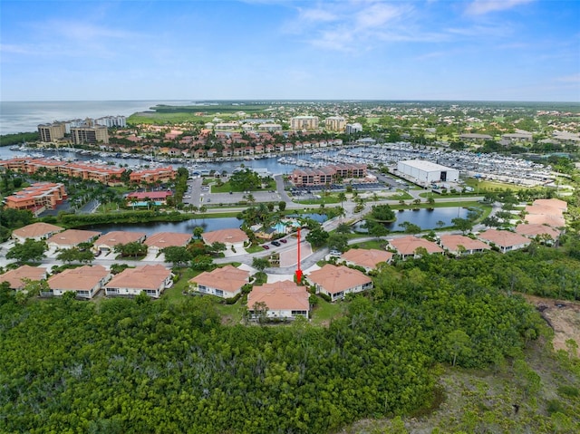 drone / aerial view featuring a water view