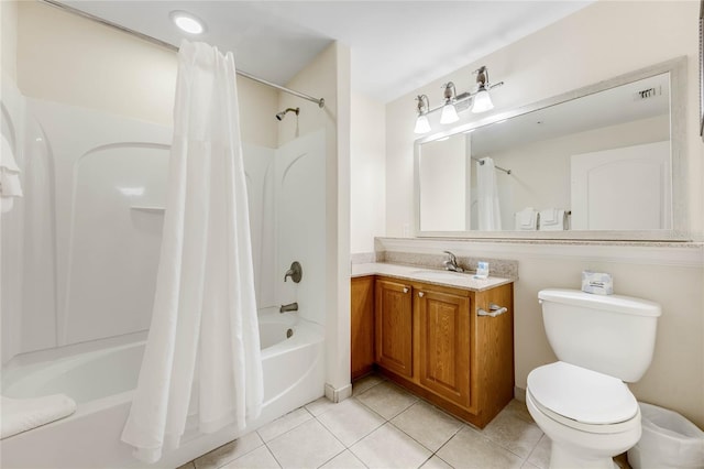 full bathroom with tile patterned flooring, vanity, toilet, and shower / bathtub combination with curtain