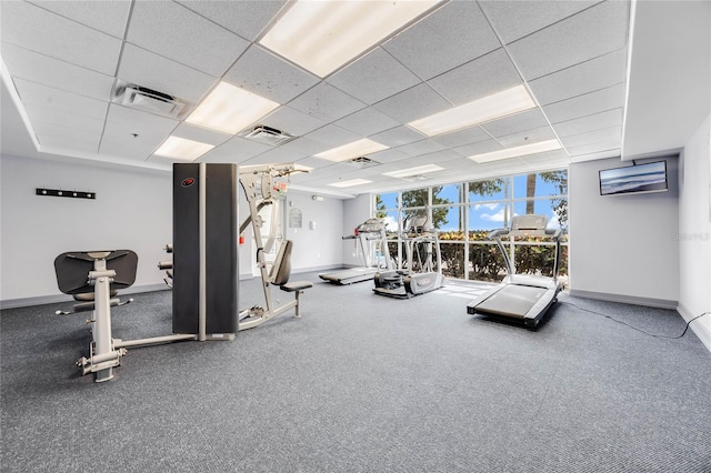 workout area with expansive windows and a paneled ceiling