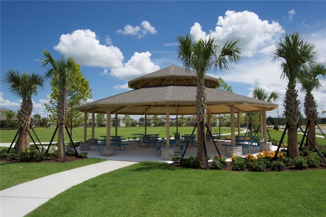 view of community featuring a lawn and a gazebo