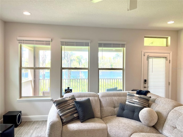 living room with a healthy amount of sunlight, a textured ceiling, baseboards, and wood finished floors