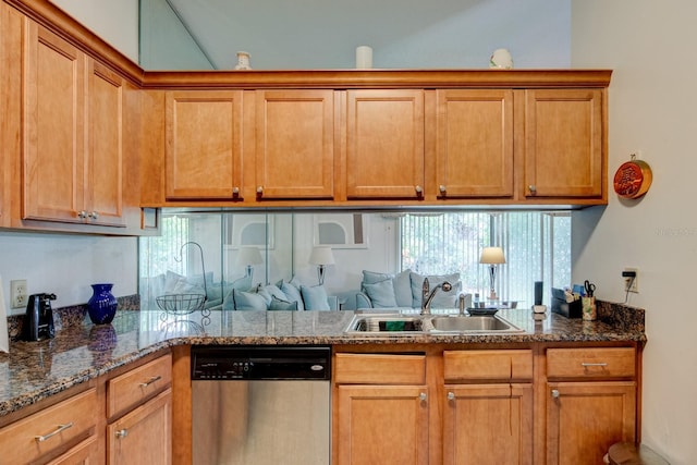 kitchen featuring dark stone countertops, sink, and stainless steel dishwasher