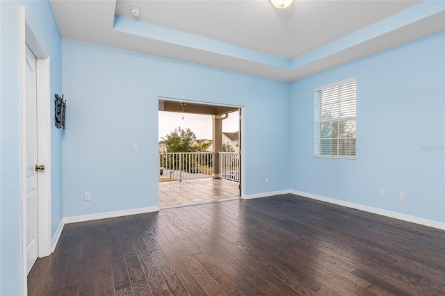 unfurnished room with a raised ceiling and hardwood / wood-style floors