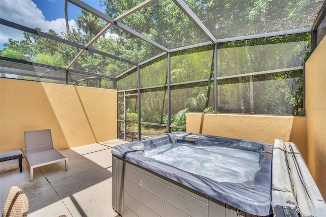 view of patio with a hot tub