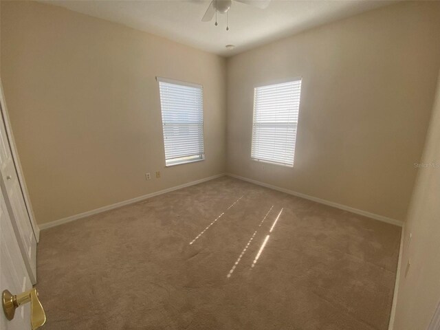 spare room with ceiling fan and carpet floors