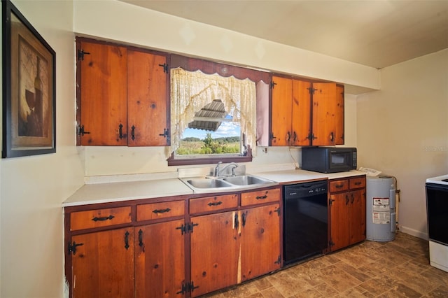 kitchen with electric water heater, black appliances, and sink