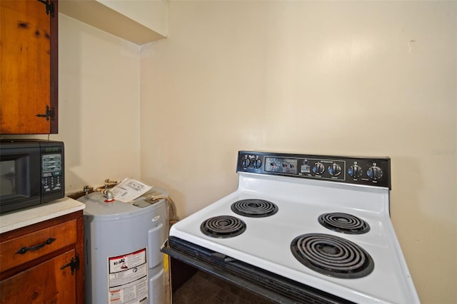 interior space with electric water heater and white electric range oven