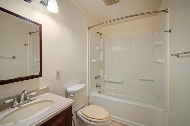 full bathroom featuring vanity, toilet, and  shower combination