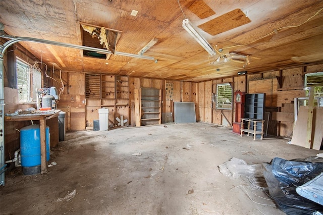 garage featuring wood walls