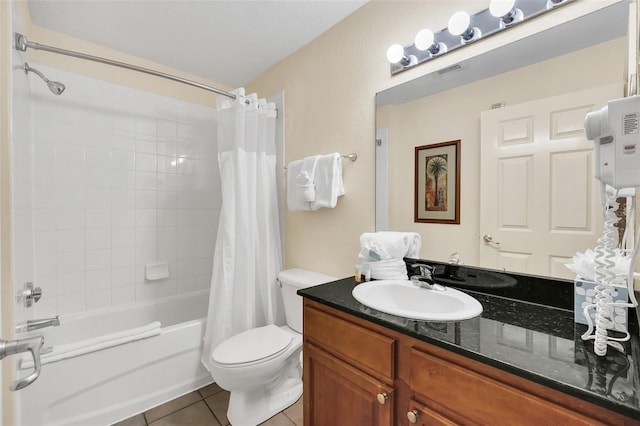 bathroom with visible vents, toilet, tile patterned floors, vanity, and shower / bathtub combination with curtain