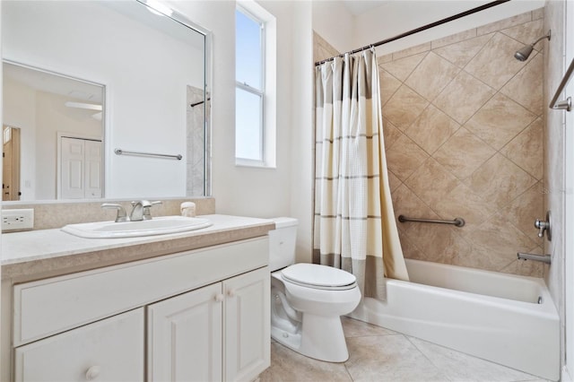 full bathroom with tile patterned flooring, vanity, toilet, and shower / bath combination with curtain