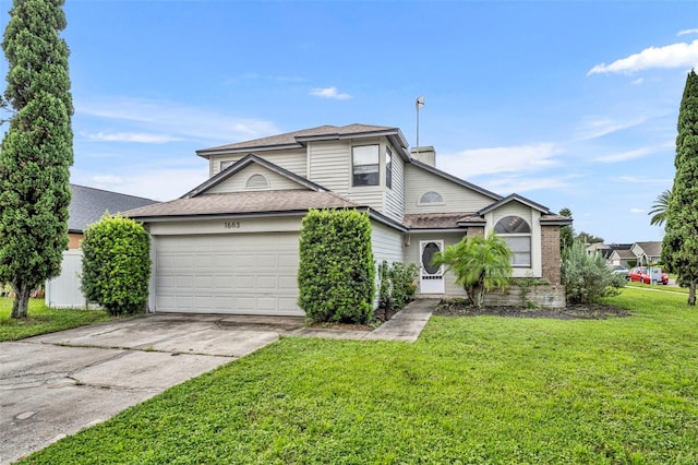 front facade with a garage and a front lawn